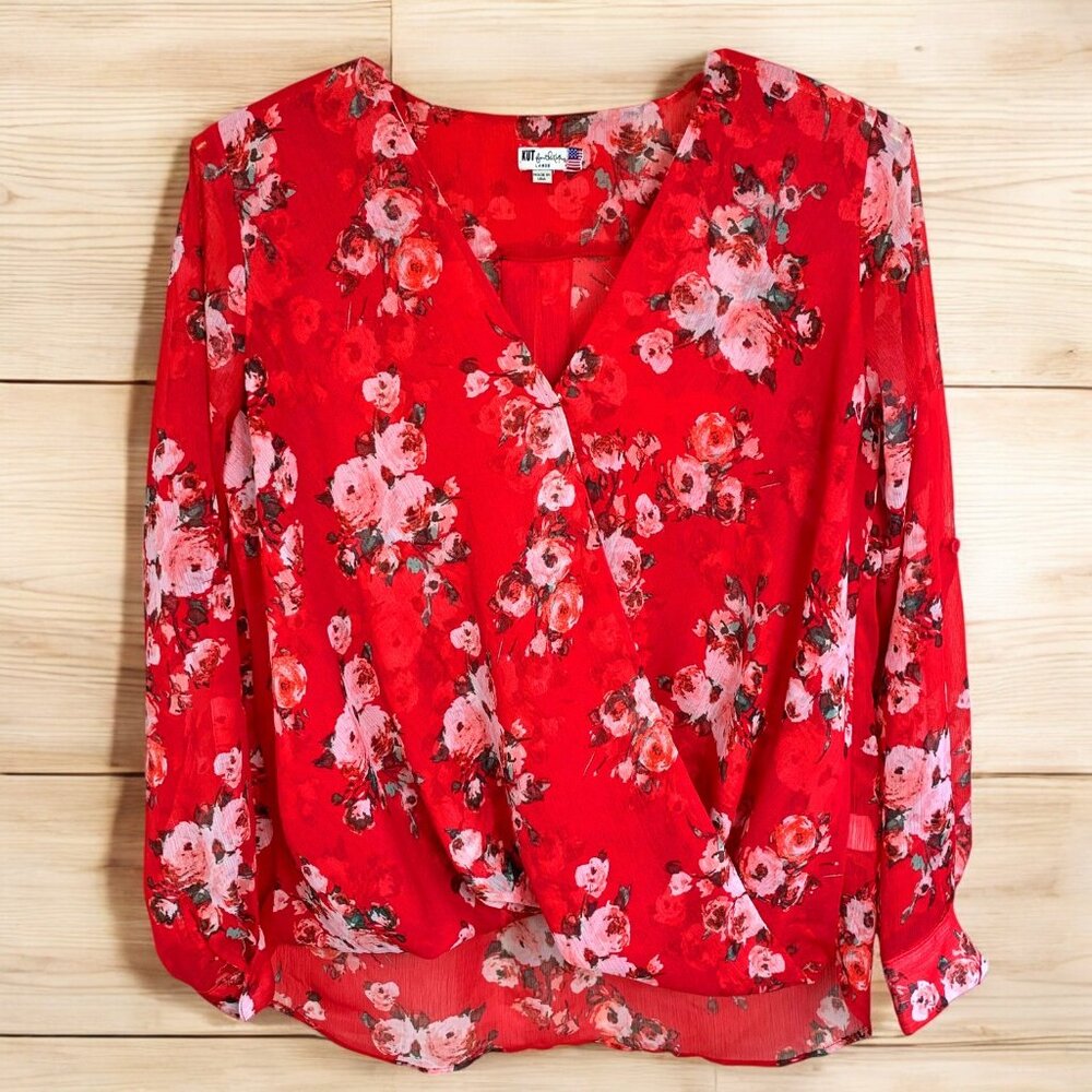 Kut From the Kloth Jenalee Sheer Red Floral Surplice Faux Wrap‎ Blouse
